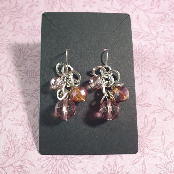Handmade Silver Tone Vintage Dangle Earrings Pink Orange Faceted Beads Costume - Picture 2 of 4